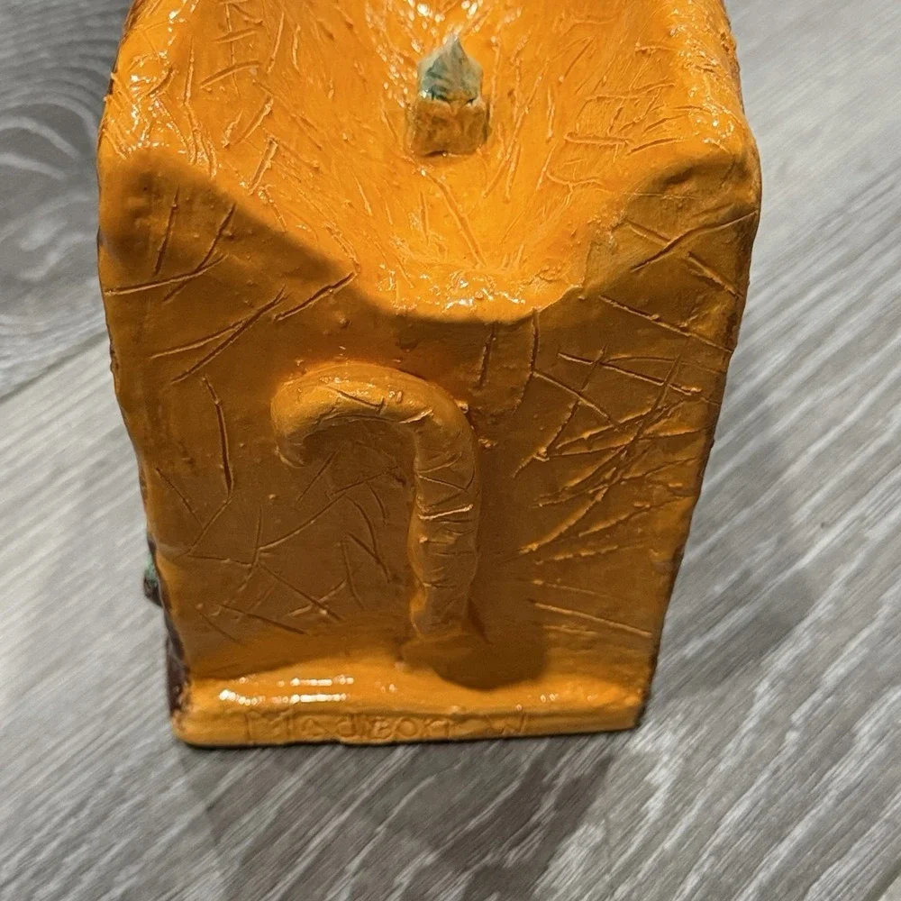 Handmade Ceramic Cat House Luminary Tealight Candle Holder‎ Orange Folk Art
